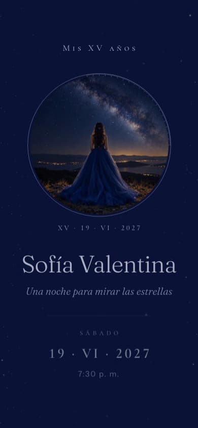 Portada del diseño Constelación ya abierta, con datos de ejemplo